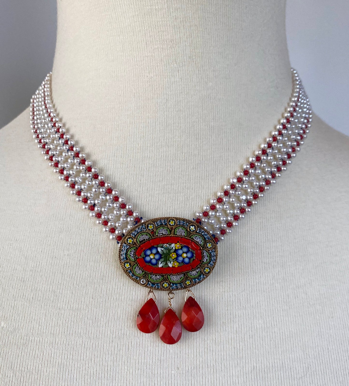 Mediterranean Coral, Pearl & Vintage Italian Mosaic Woven Necklace