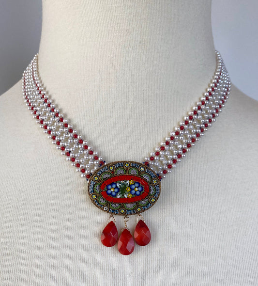 Coral, Pearl & Vintage Italian Mosaic Woven Necklace