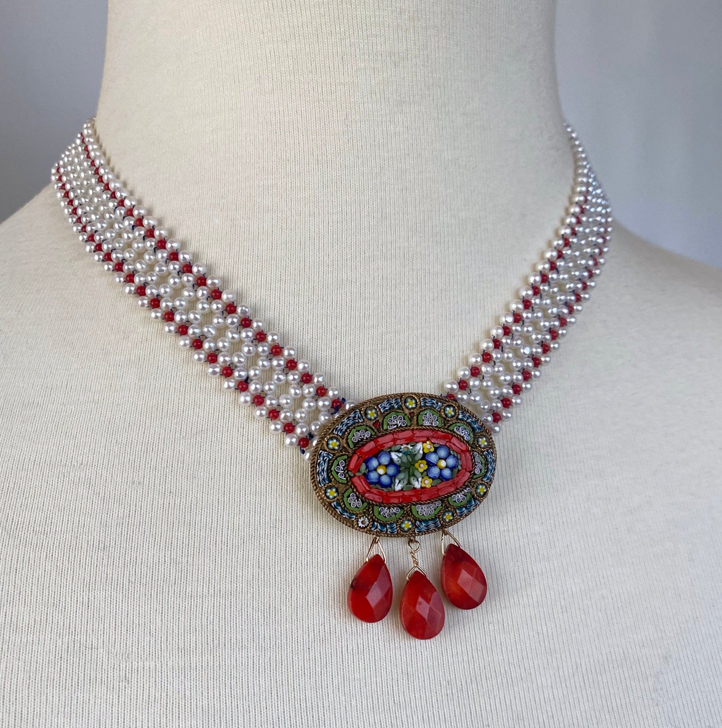 Mediterranean Coral, Pearl & Vintage Italian Mosaic Woven Necklace