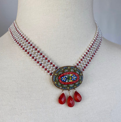 Coral, Pearl & Vintage Italian Mosaic Woven Necklace
