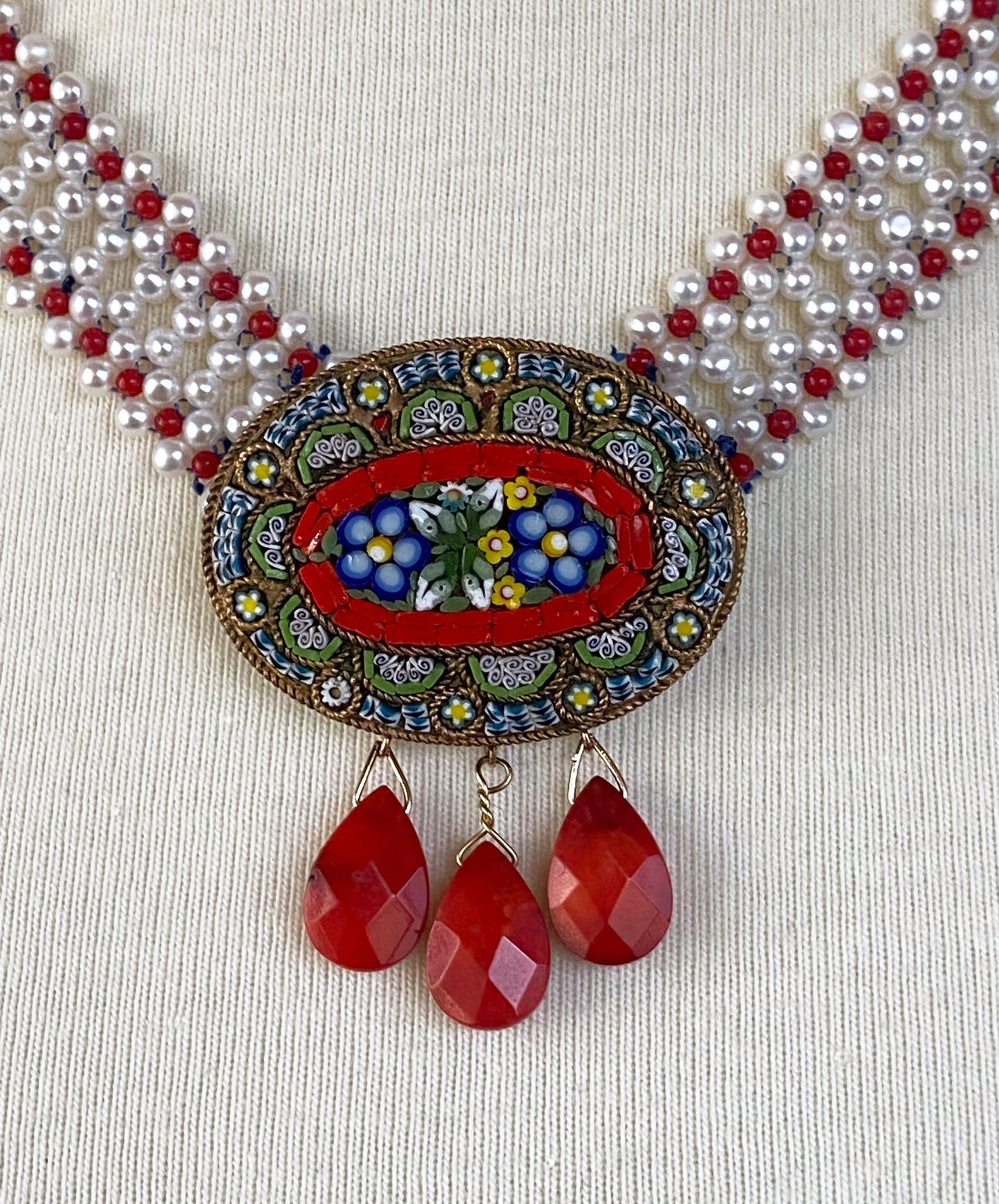 Mediterranean Coral, Pearl & Vintage Italian Mosaic Woven Necklace