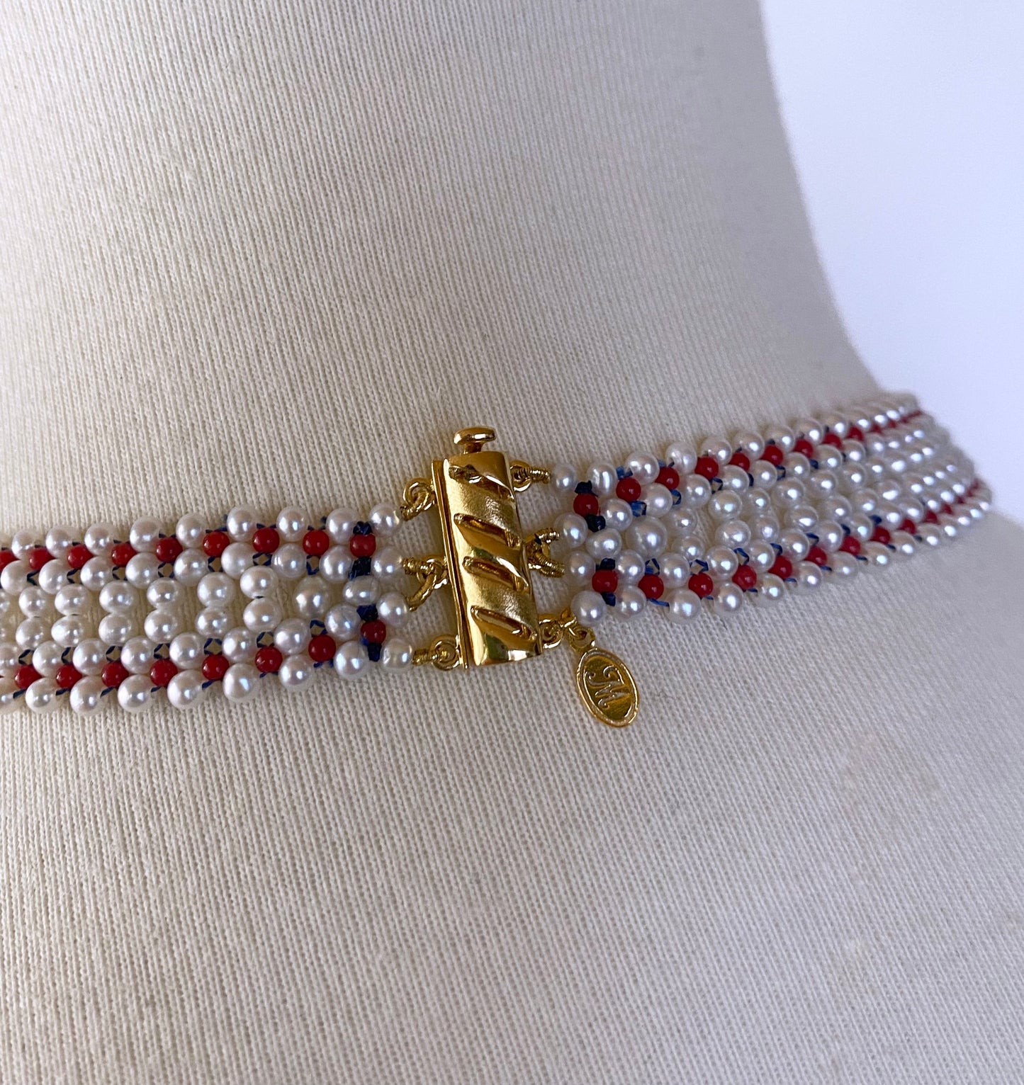 Mediterranean Coral, Pearl & Vintage Italian Mosaic Woven Necklace