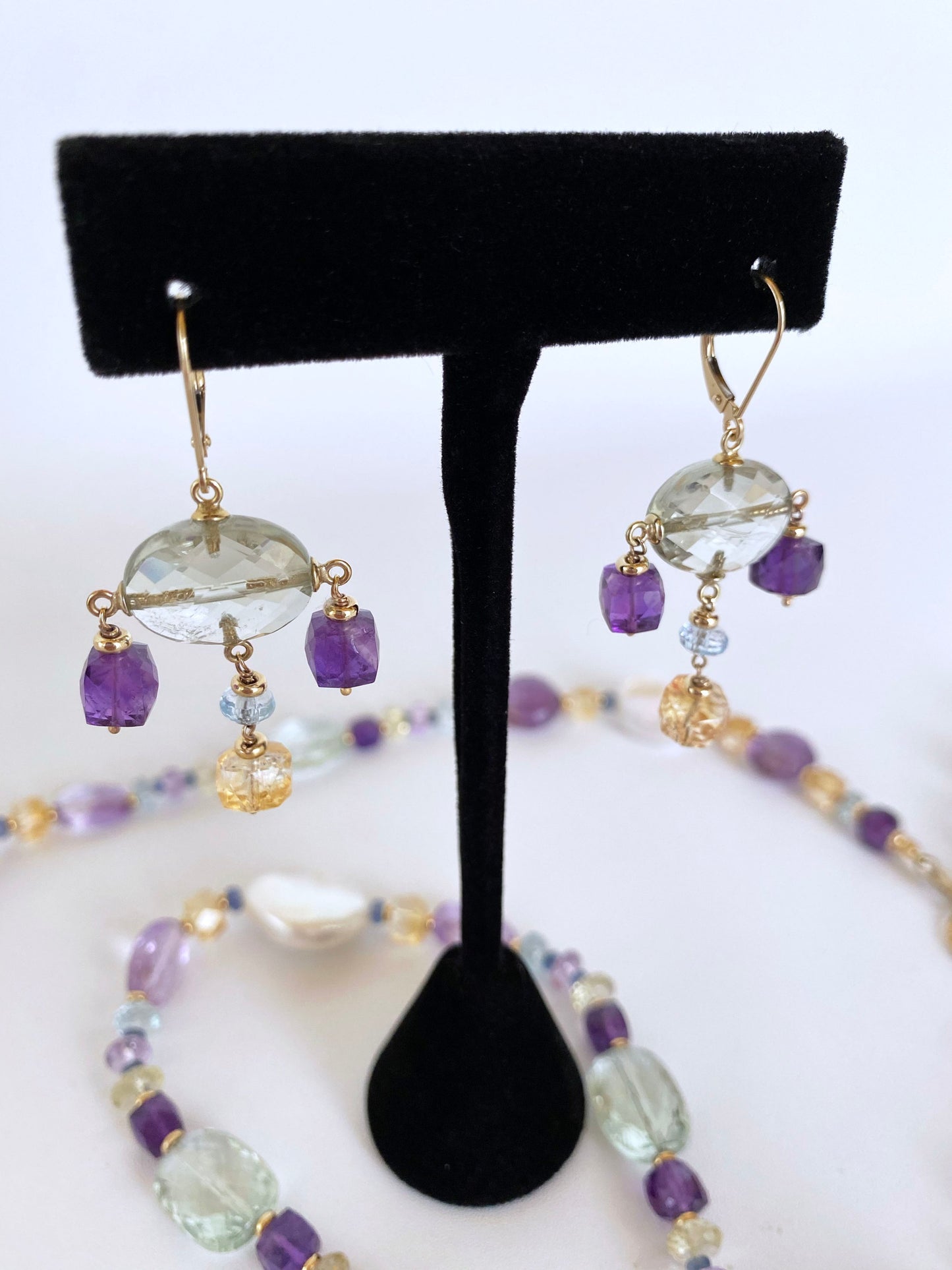 Amethyst, Citrine and Aquamarine Chandelier Earrings, 14K Yellow Gold