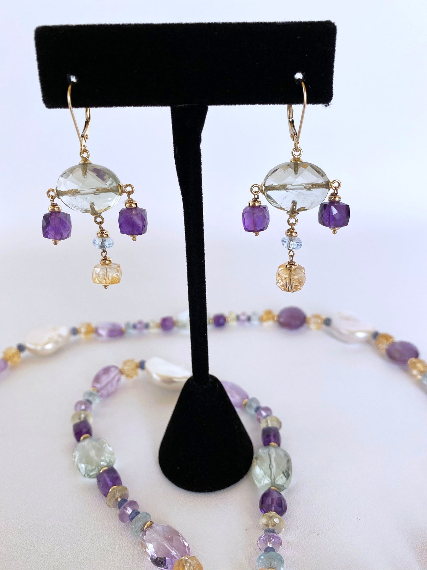 Amethyst, Citrine and Aquamarine Chandelier Earrings, 14K Yellow Gold
