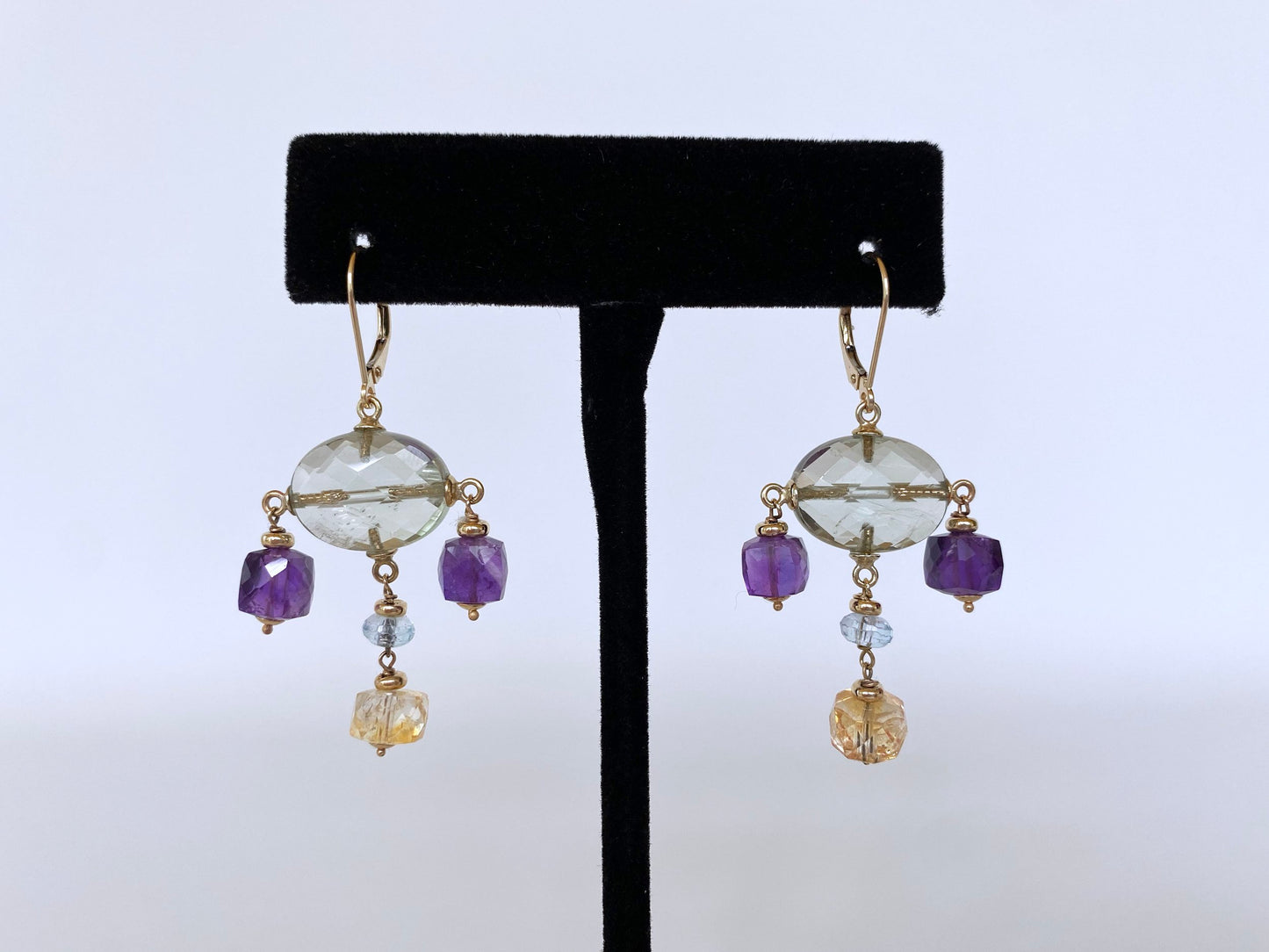 Amethyst, Citrine and Aquamarine Chandelier Earrings, 14K Yellow Gold