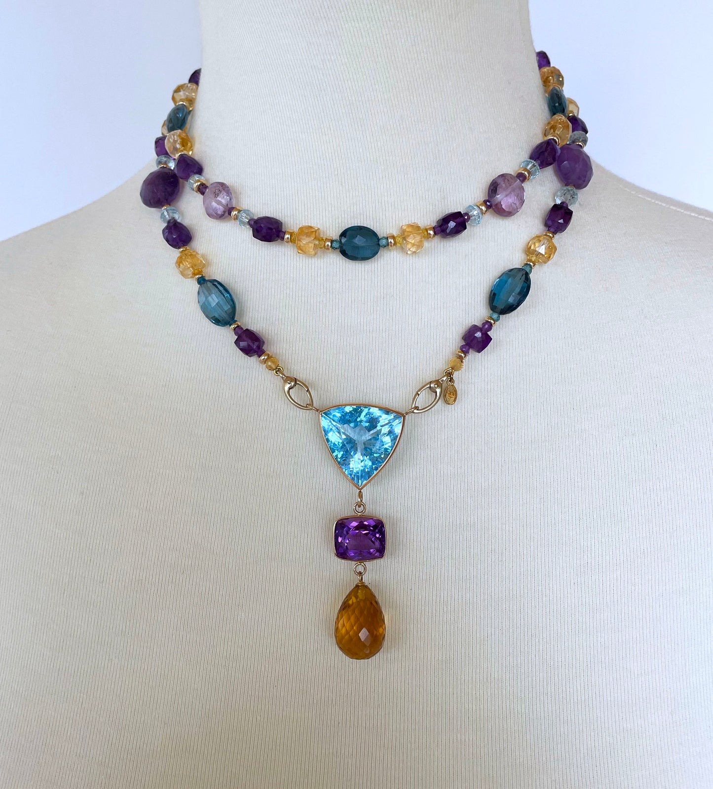 Multi shaped and Jewel Sautoir with Graduated Drop Tassel and 14K Yellow Gold