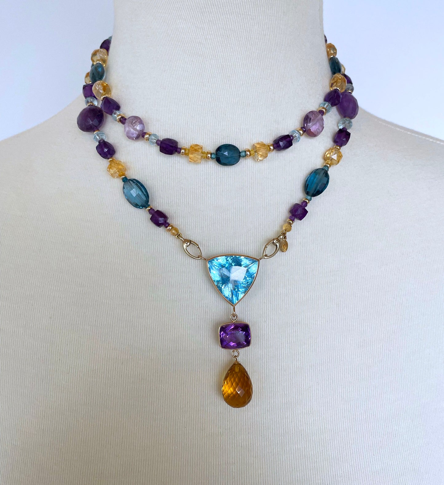 Multi shaped and Jewel Sautoir with Graduated Drop Tassel and 14K Yellow Gold