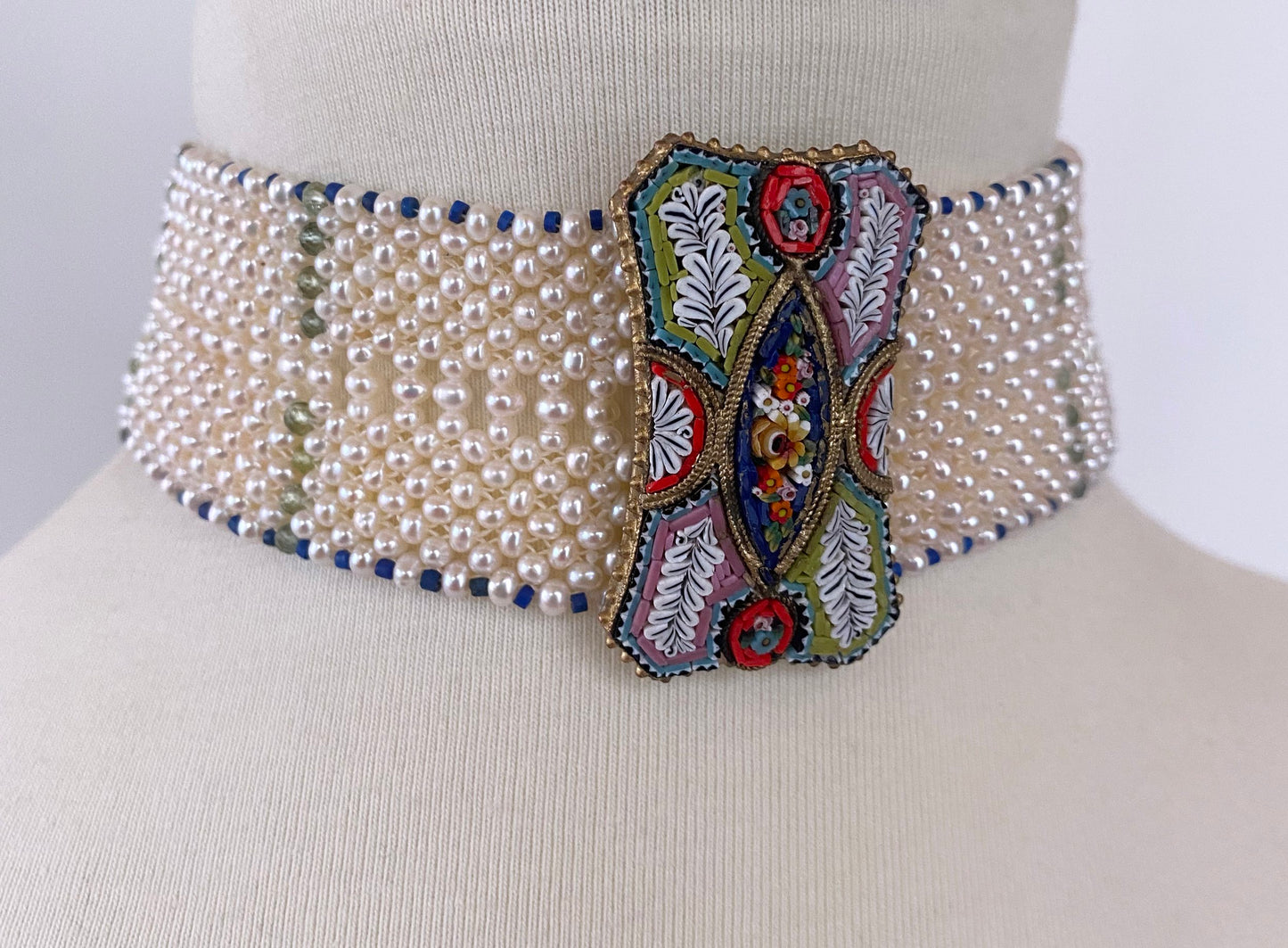 Woven Pearl Choker with Mosaic Centerpiece, Lapis & Green Apatite