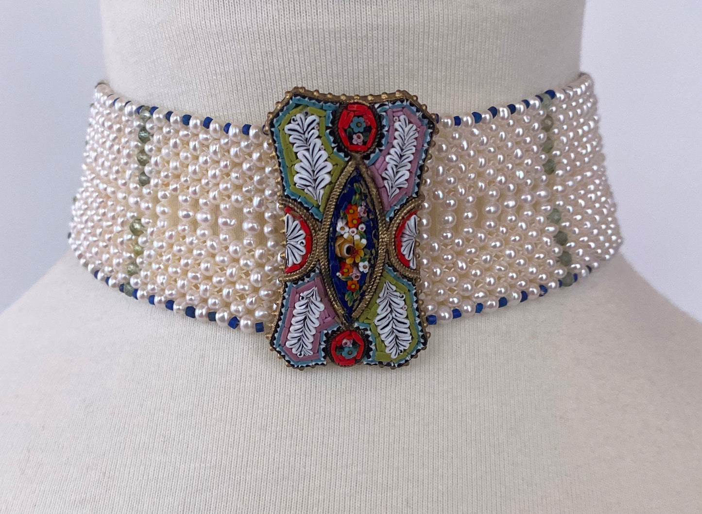 Woven Pearl Choker with Mosaic Centerpiece, Lapis & Green Apatite