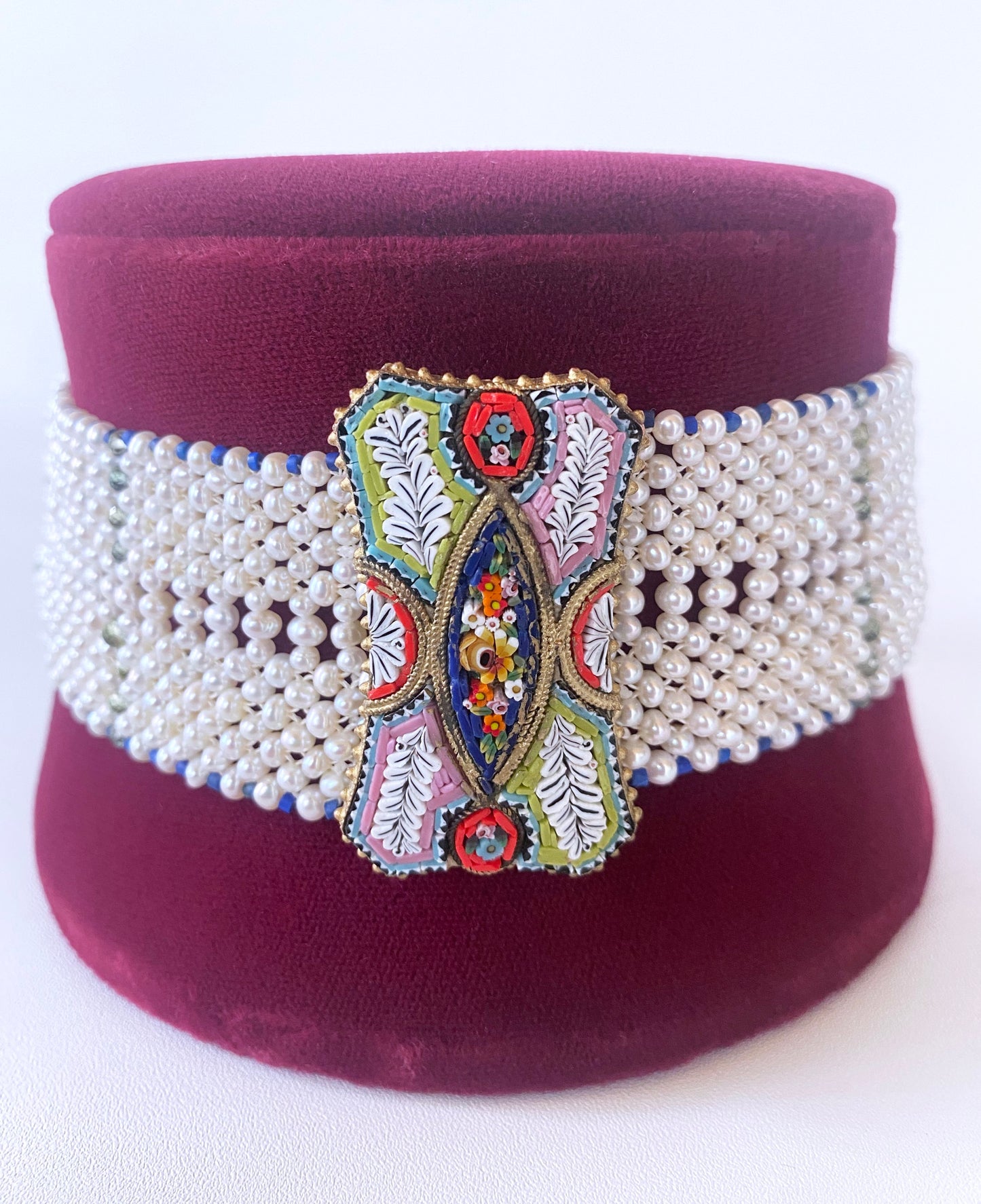 Woven Pearl Choker with Mosaic Centerpiece, Lapis & Green Apatite