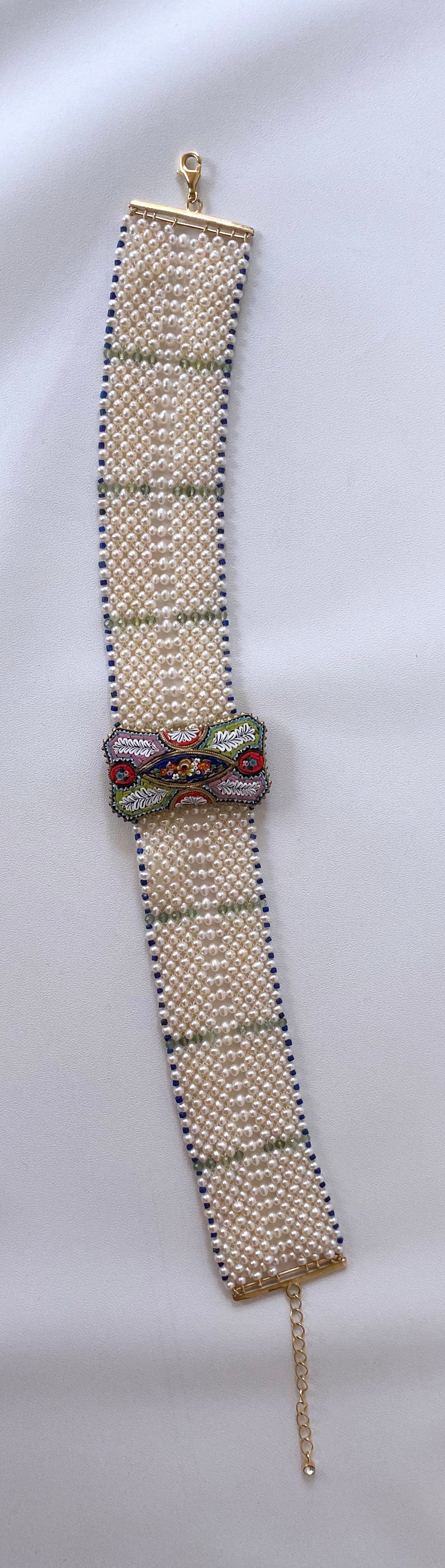 Woven Pearl Choker with Mosaic Centerpiece, Lapis & Green Apatite