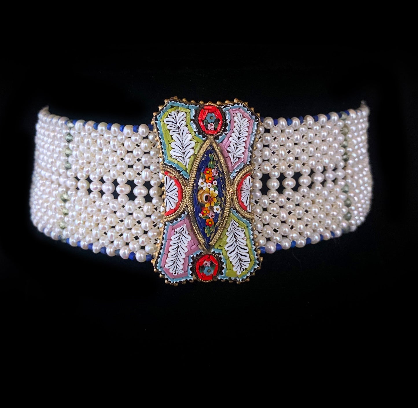 Woven Pearl Choker with Mosaic Centerpiece, Lapis & Green Apatite
