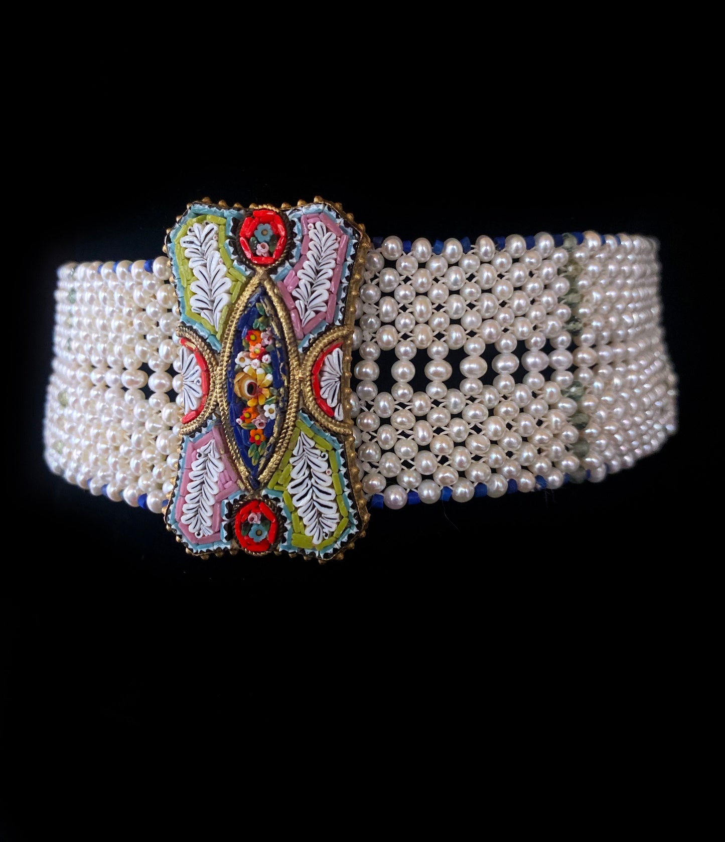 Woven Pearl Choker with Mosaic Centerpiece, Lapis & Green Apatite