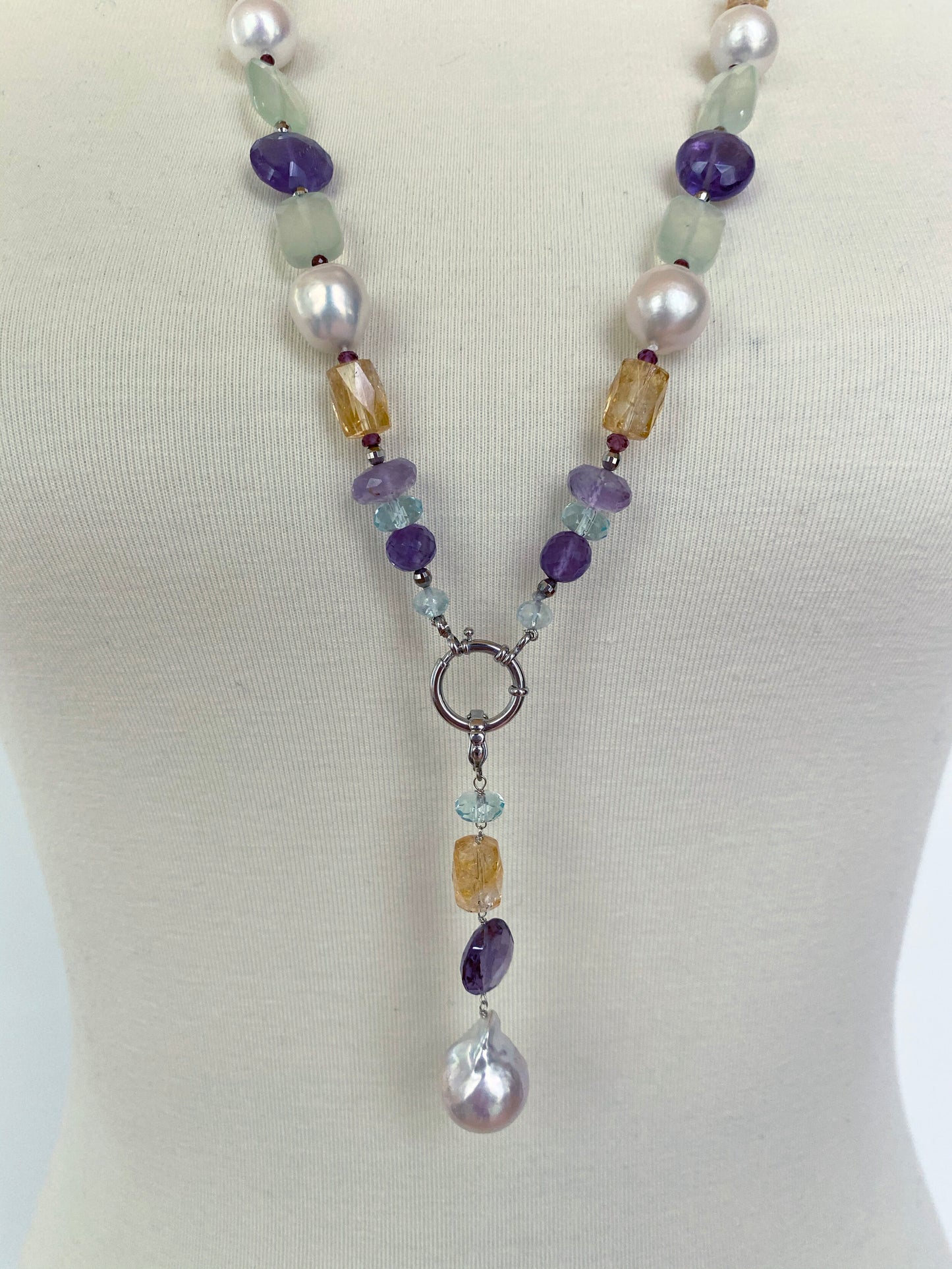 Marina J. Multi Jewel and Pearl Sautoir with Drop Tassel and 14k White Gold