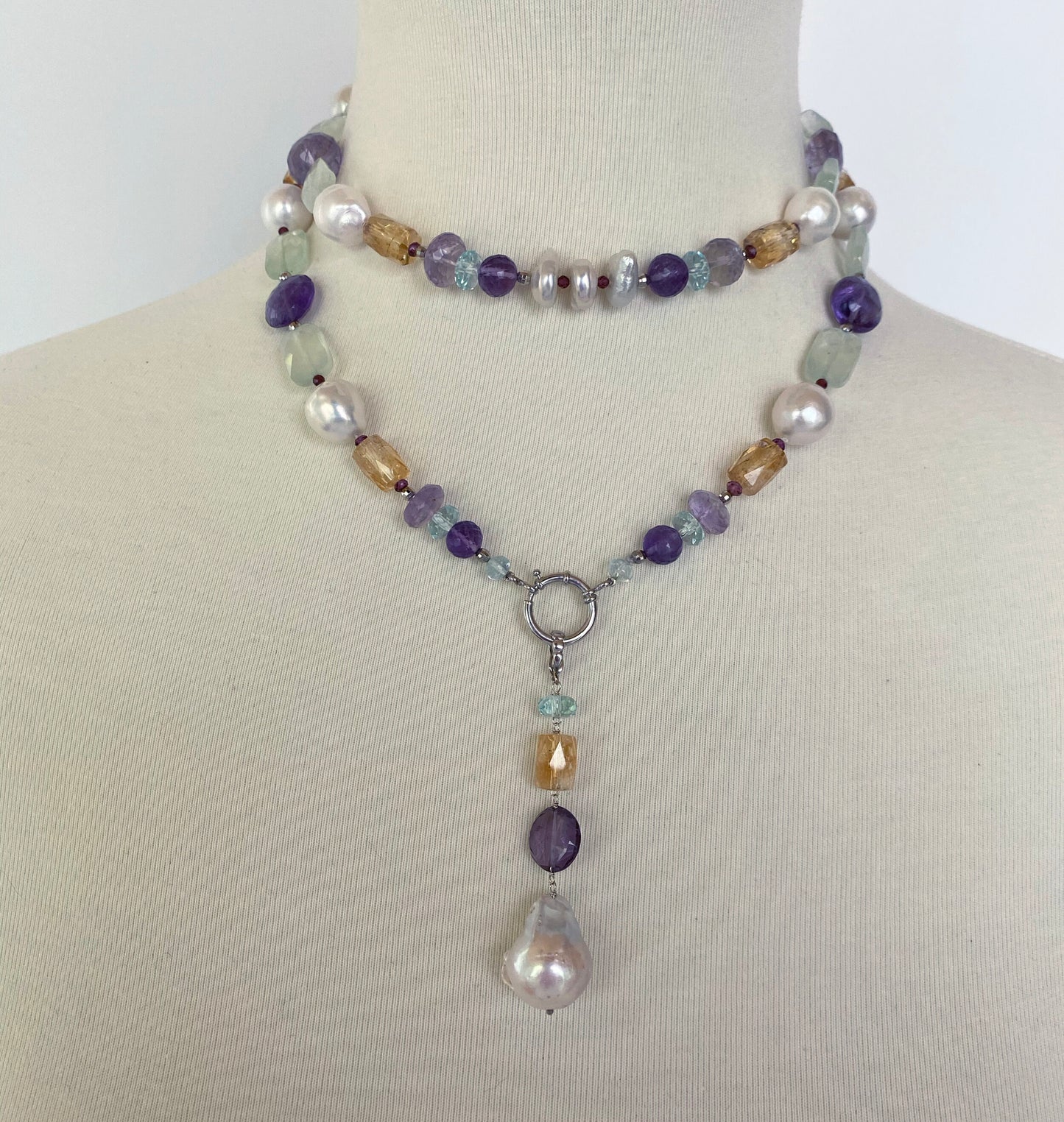 Marina J. Multi Jewel and Pearl Sautoir with Drop Tassel and 14k White Gold