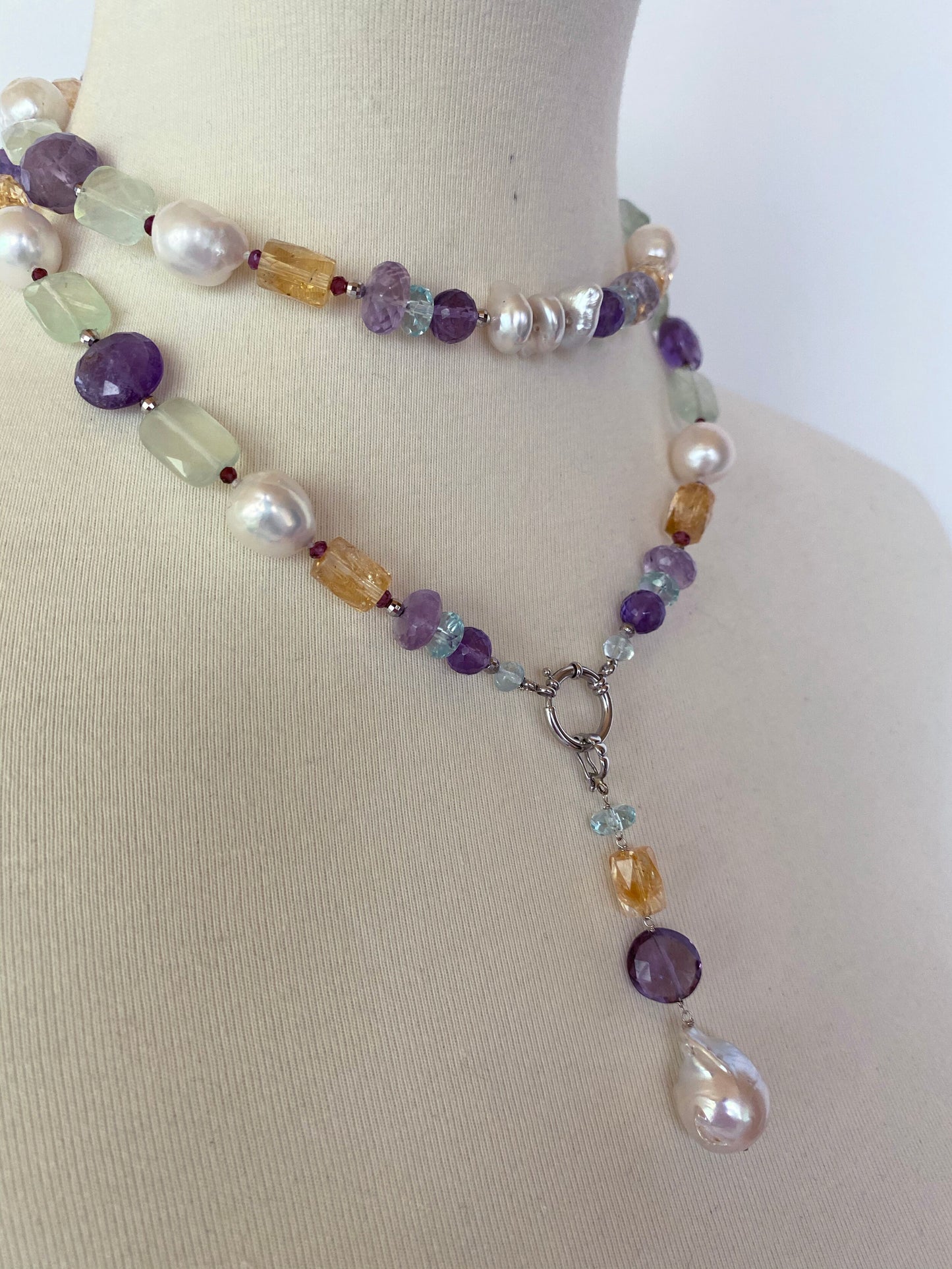 Marina J. Multi Jewel and Pearl Sautoir with Drop Tassel and 14k White Gold