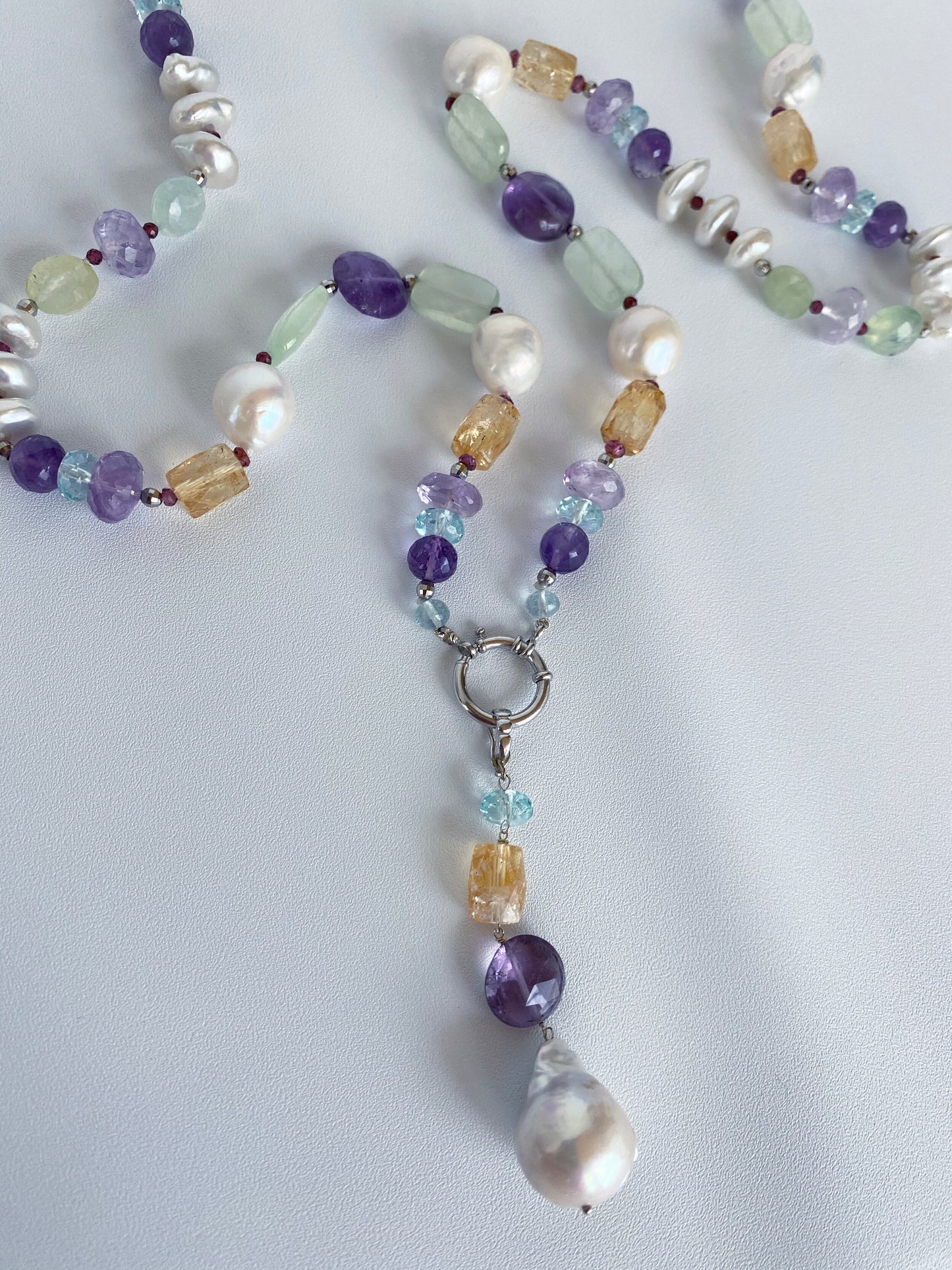 Marina J. Multi Jewel and Pearl Sautoir with Drop Tassel and 14k White Gold