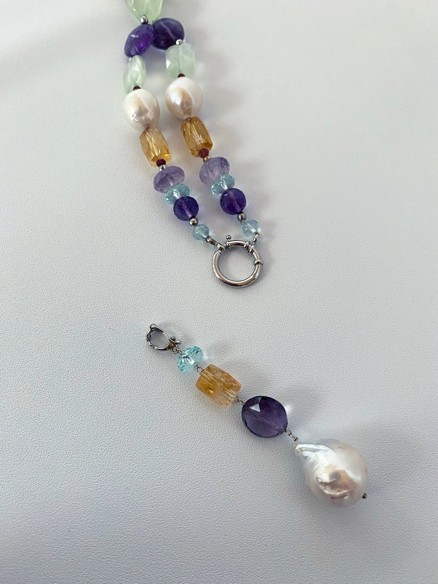 Multi Jewel and Pearl Sautoir with Drop Tassel and 14k White Gold