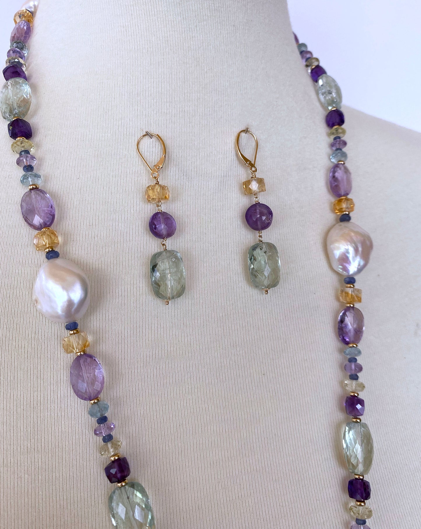 Multi Jewel & Pearl Sautoir with Drop Tassel and 14K Yellow Gold