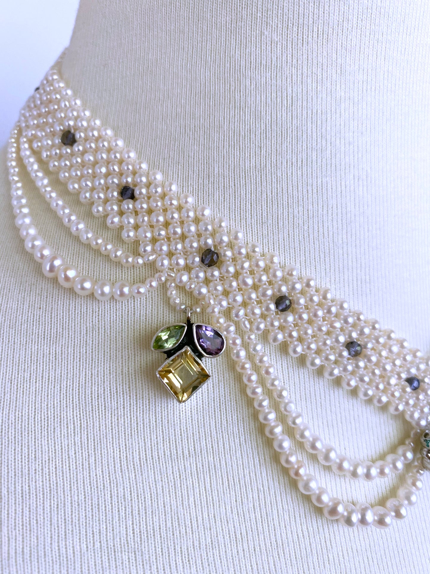 One of a Kind Woven Pearl Necklace and Multi Semi Precious Centerpiece