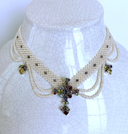 One of a Kind Woven Pearl Necklace and Multi Semi Precious Centerpiece
