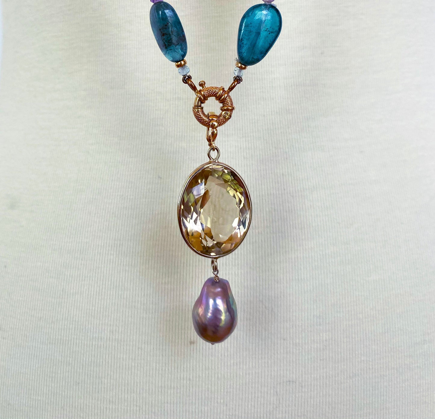 Pearl, Amethyst & Citrine Necklace with 14k Gold & Removable Pendant