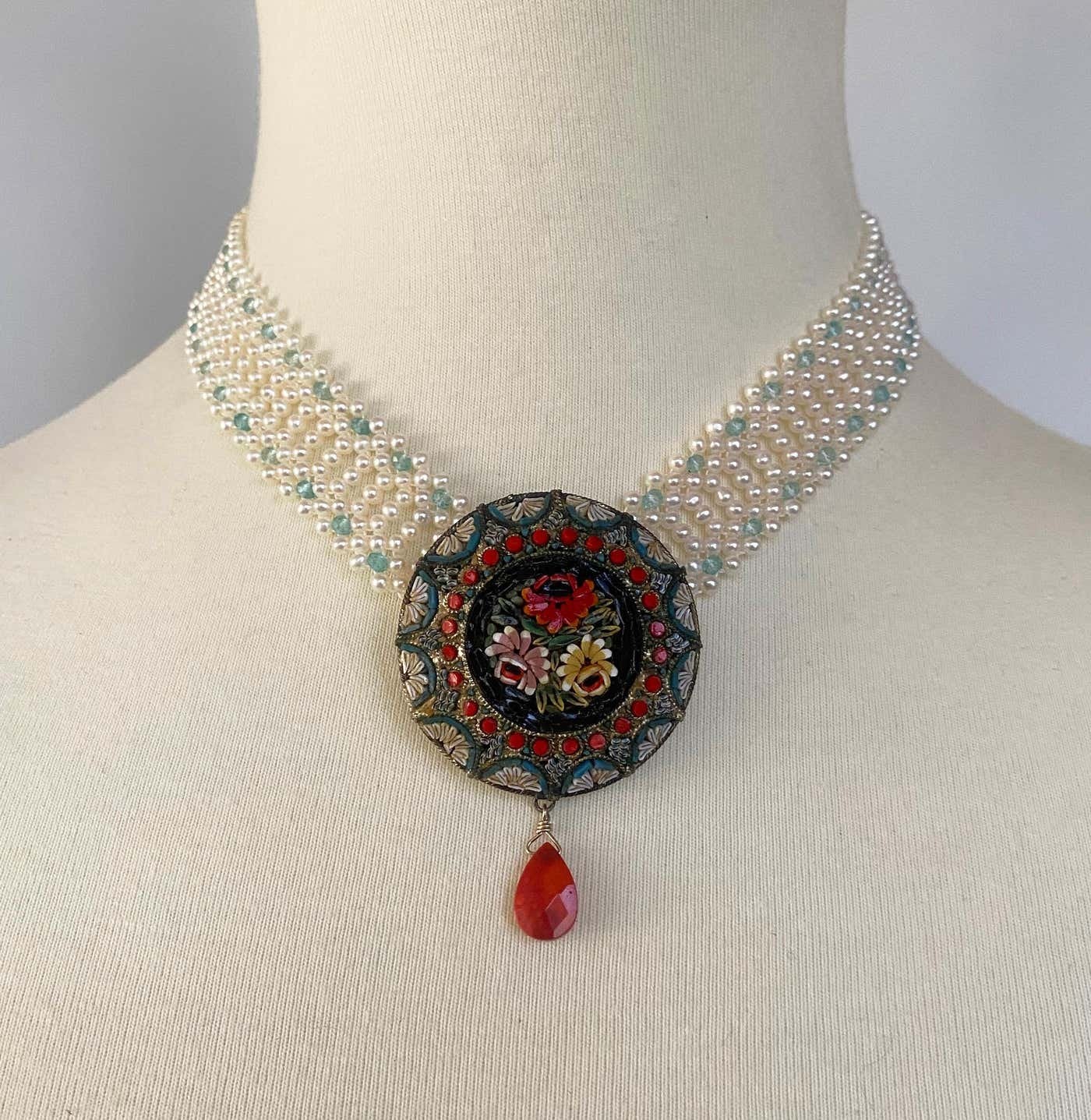 Vintage Mosaic Necklace with Aquamarine & Mediterranean Coral