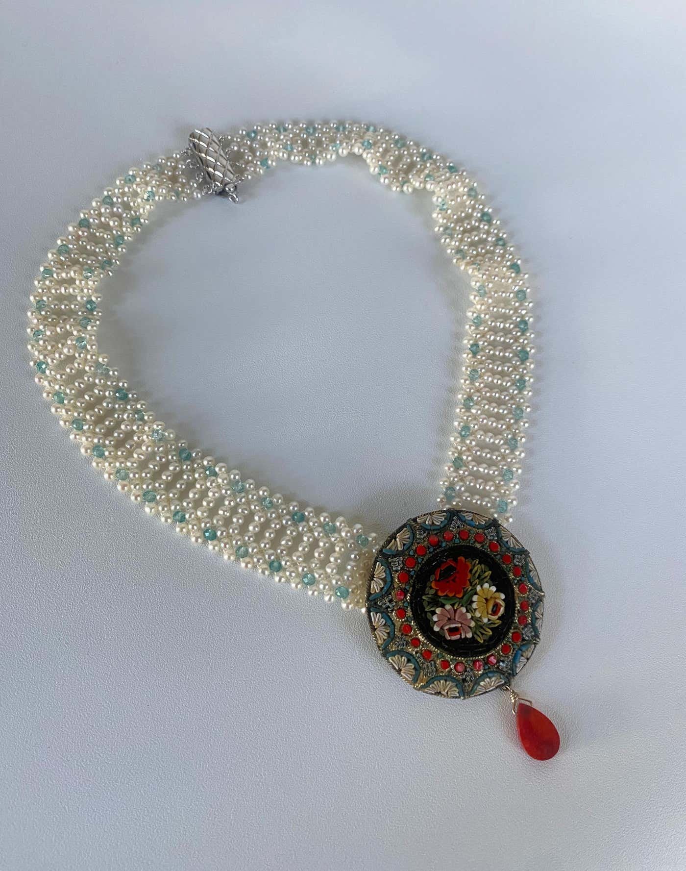 Vintage Mosaic Necklace with Aquamarine & Mediterranean Coral