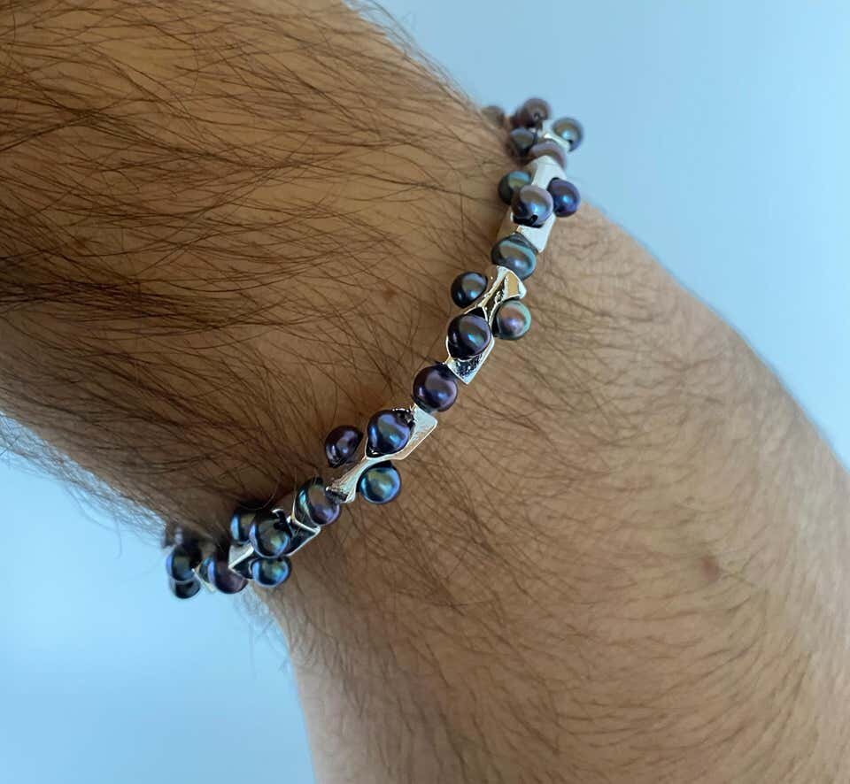 Men's Geometric Black Pearl Bracelet with Sterling Silver & 14k White Gold