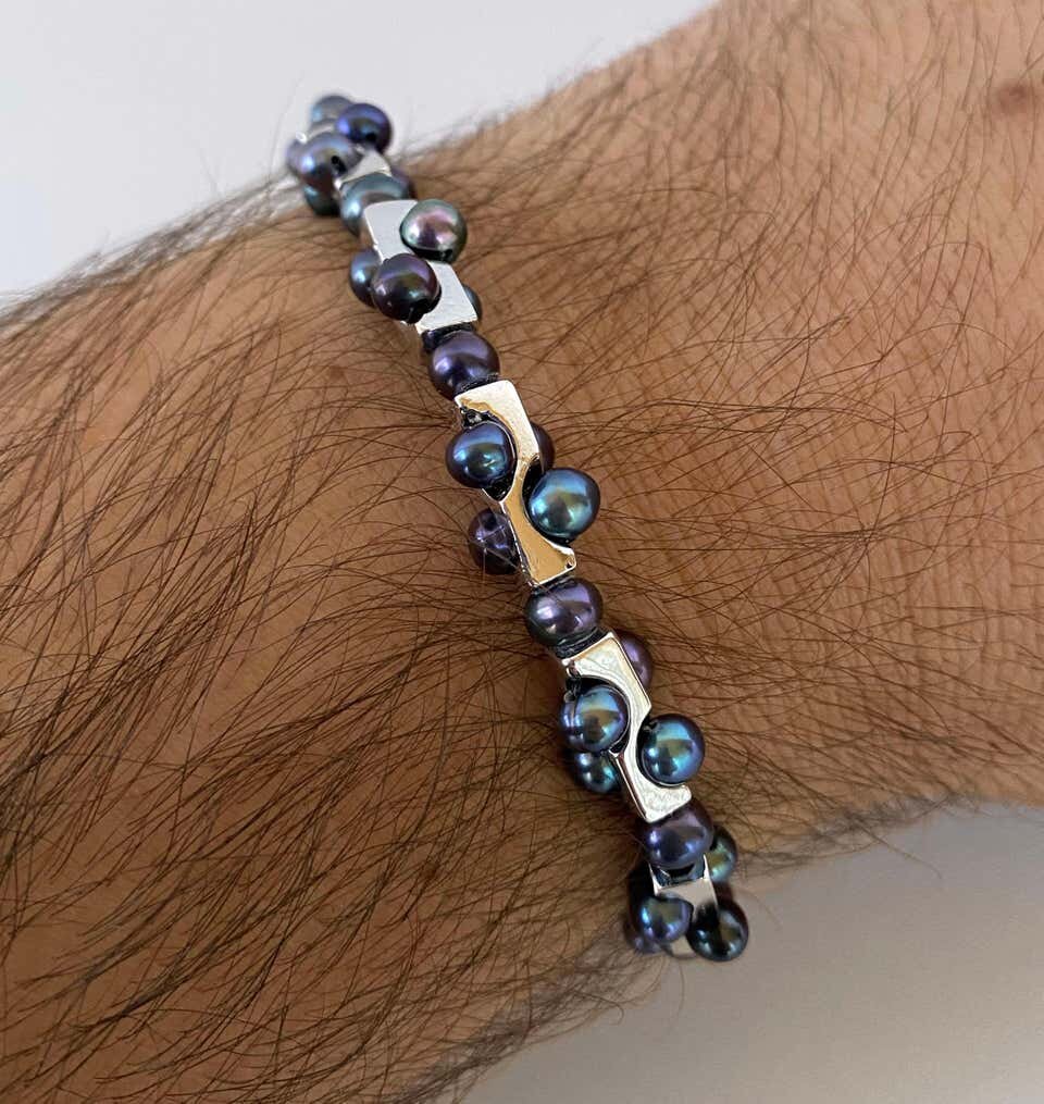 Men's Geometric Black Pearl Bracelet with Sterling Silver & 14k White Gold