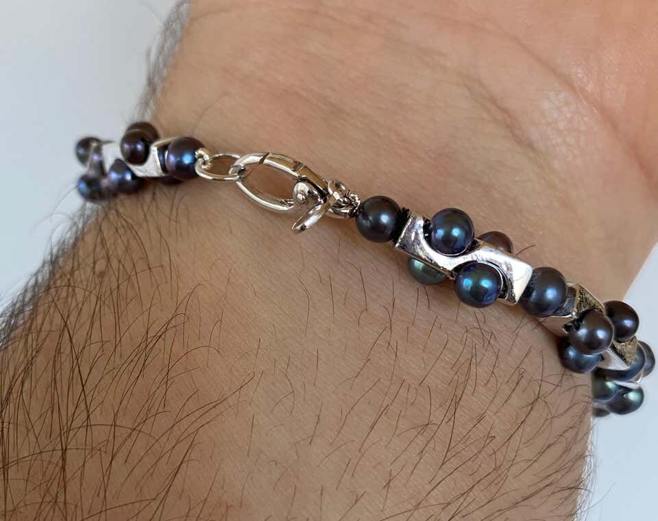 Men's Geometric Black Pearl Bracelet with Sterling Silver & 14k White Gold