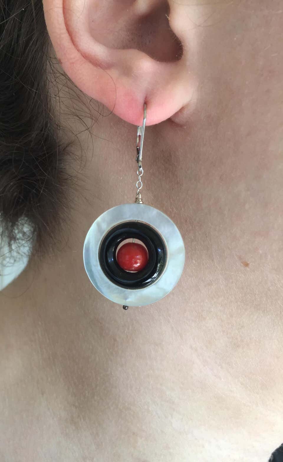 Mother of Pearl,Onyx and Red Coral Earrings with 14 K White Gold