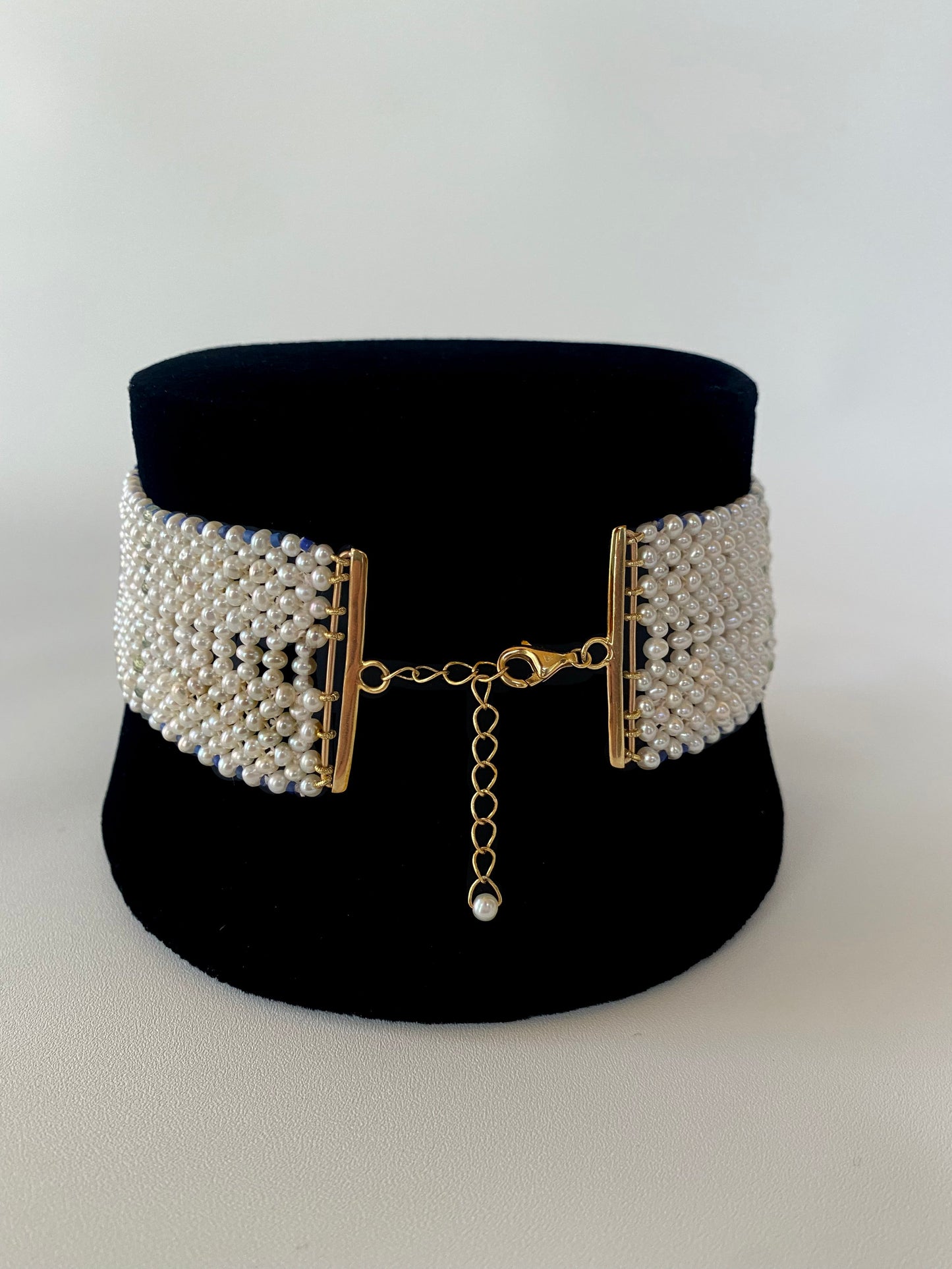 Woven Pearl Choker with Mosaic Centerpiece, Lapis & Green Apatite