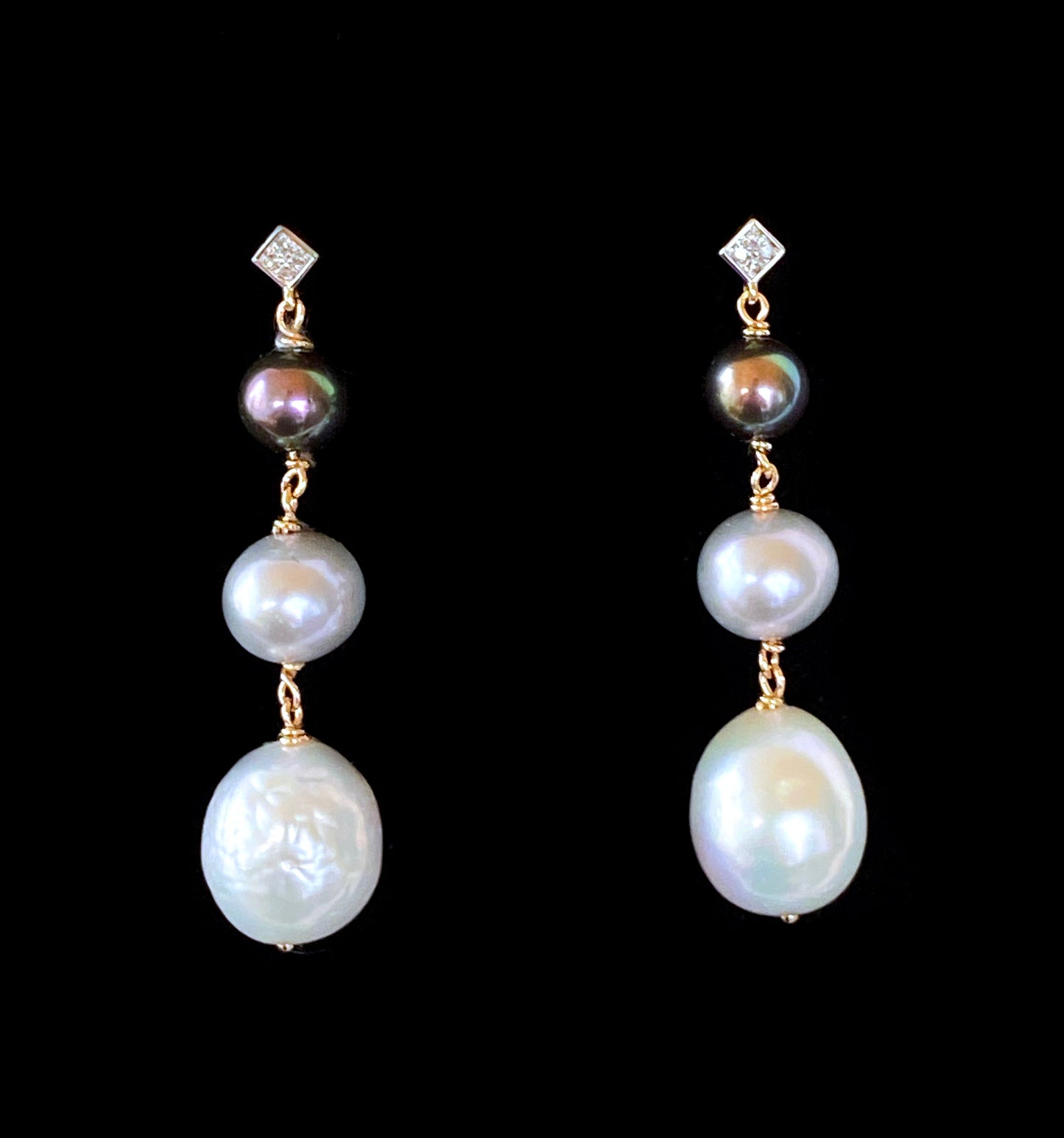 Graduated Diamond, 14k and Pearl Ombre Earrings