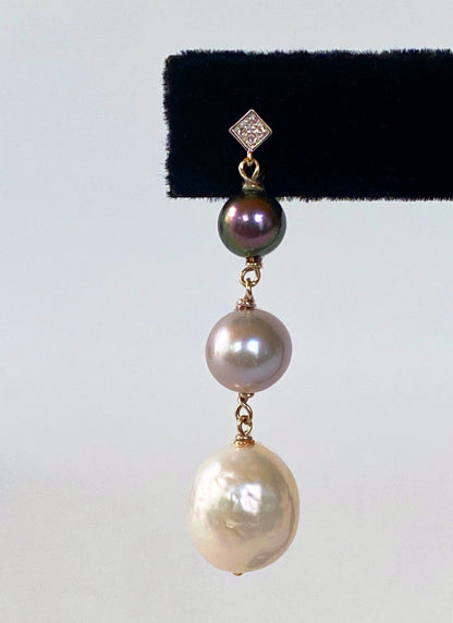 Graduated Diamond, 14k and Pearl Ombre Earrings