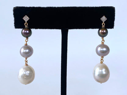 Graduated Diamond, 14k and Pearl Ombre Earrings