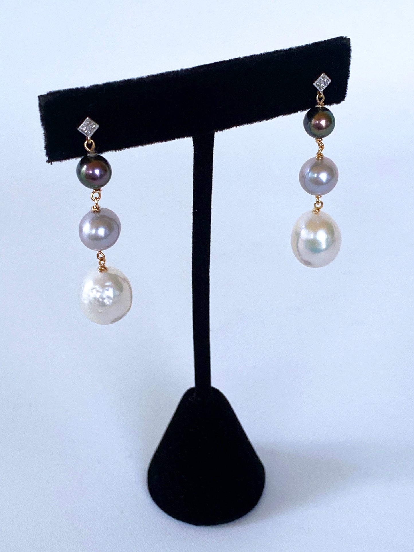 Graduated Diamond, 14k and Pearl Ombre Earrings
