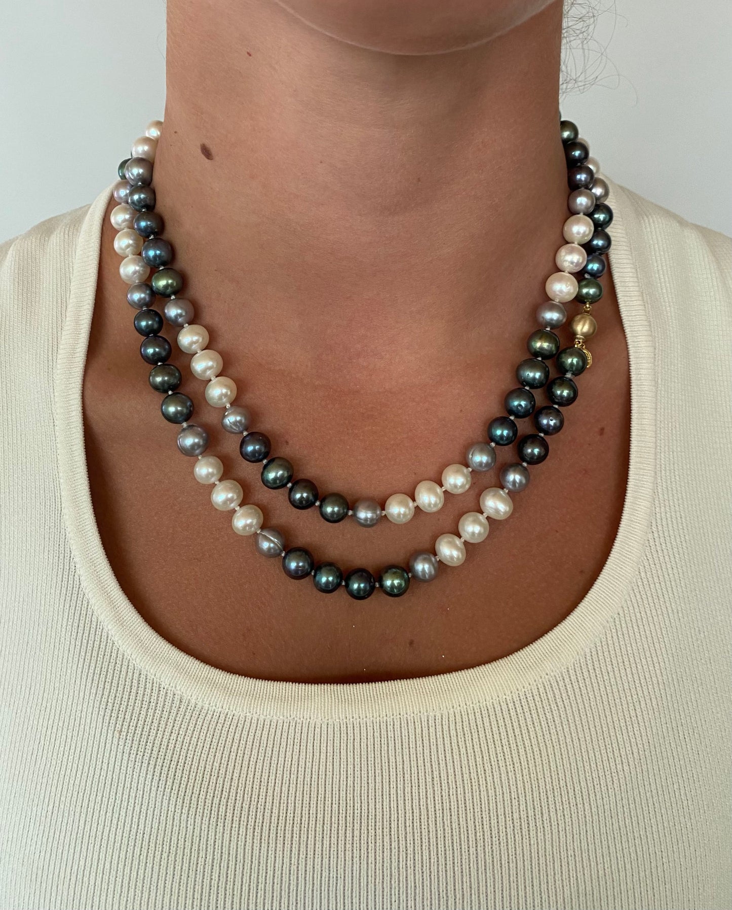 Ombre Pearl Strung Necklace with 14k Yellow Gold