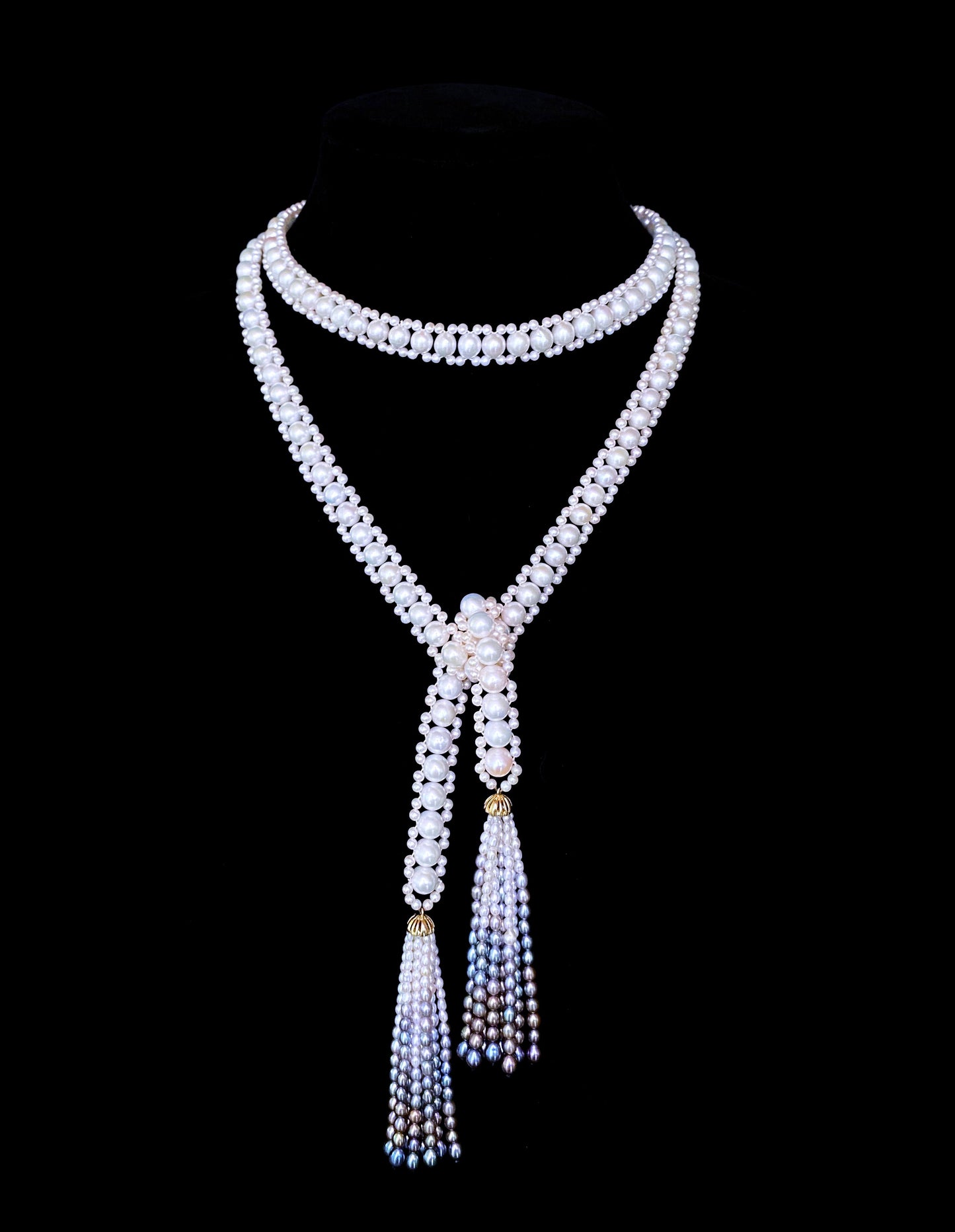 Woven Pearl Sautoir with Graduated Ombre Tassels and 14K Yellow Gold