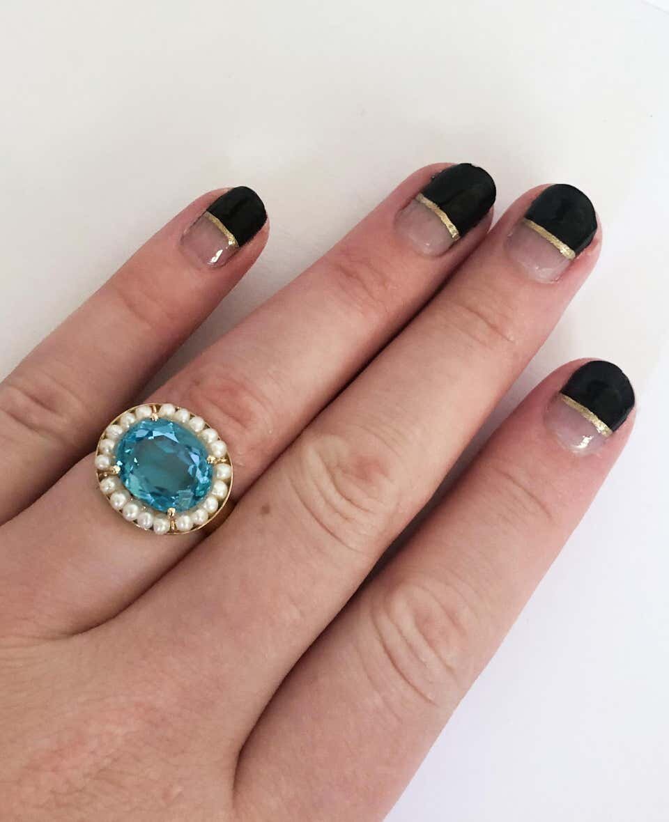 Blue Topaz Ring with Seed Pearls and 14 Karat Gold Band