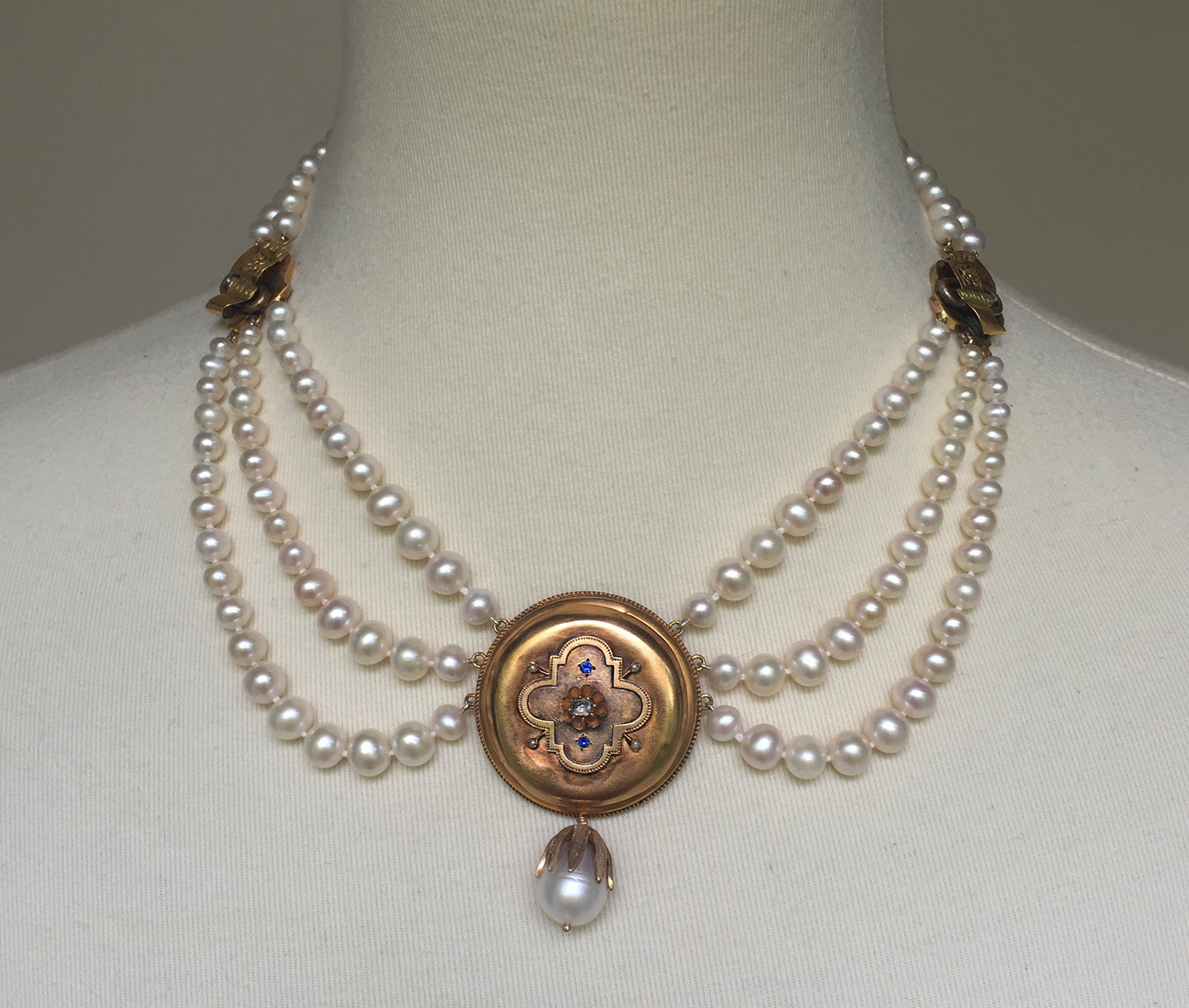Graduated Pearl Necklace with Sapphire and Diamond 14k Gold Vintage Centerpiece