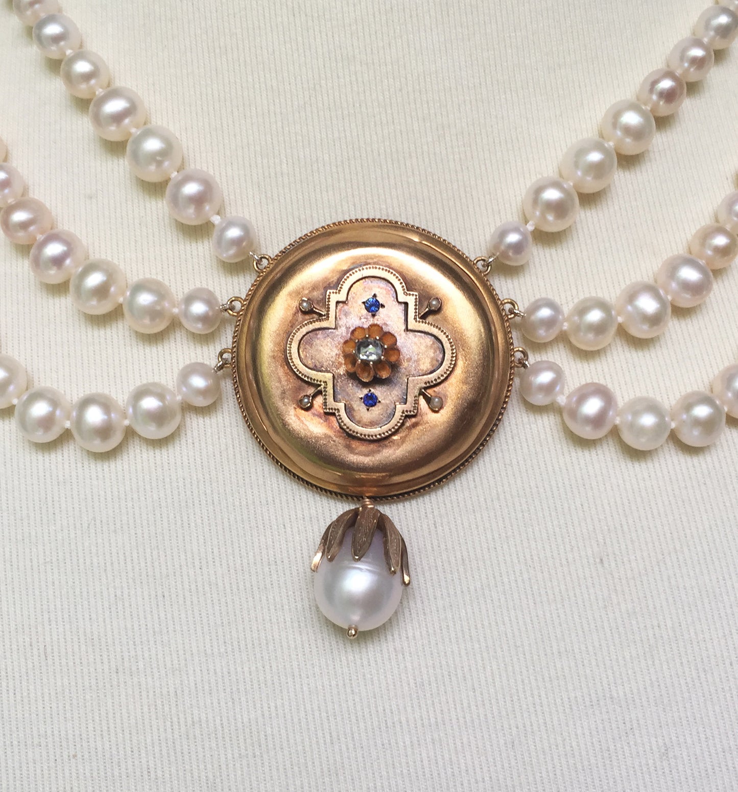 Graduated Pearl Necklace with Sapphire and Diamond 14k Gold Vintage Centerpiece