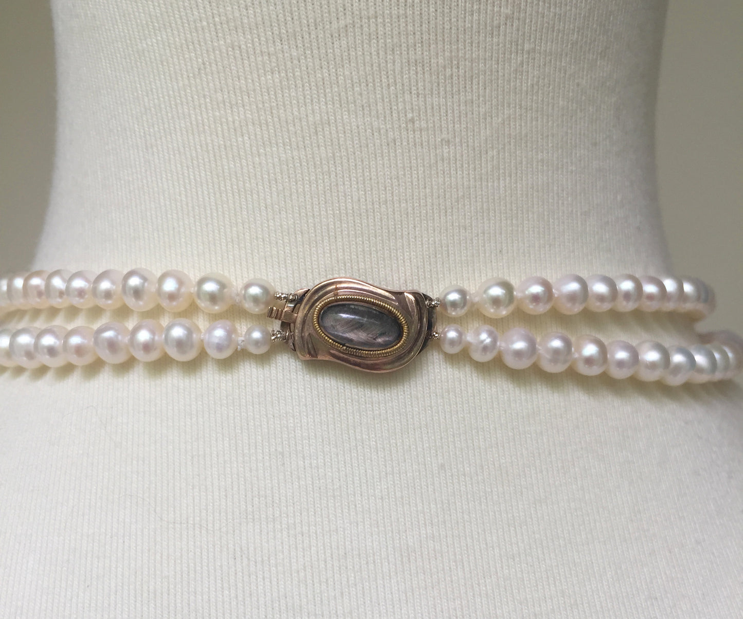 Graduated Pearl Necklace with Sapphire and Diamond 14k Gold Vintage Centerpiece