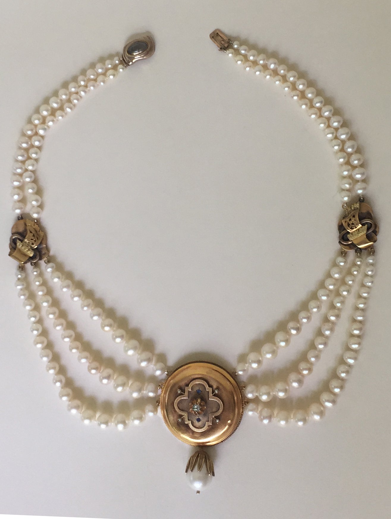 Graduated Pearl Necklace with Sapphire and Diamond 14k Gold Vintage Centerpiece
