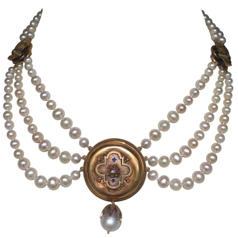 Graduated Pearl Necklace with Sapphire and Diamond 14k Gold Vintage Centerpiece