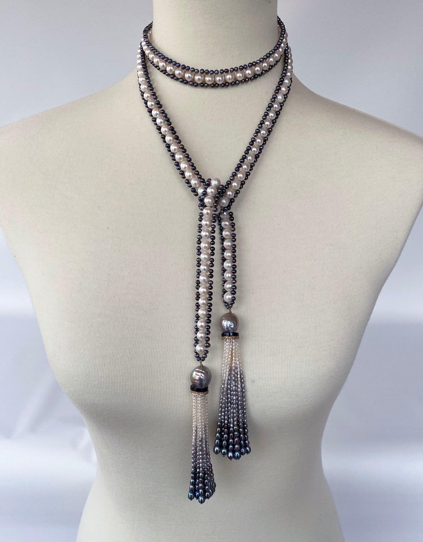 Marina J. White, Black and Grey Pearl Sautoir with Ombre Graduated Tassels
