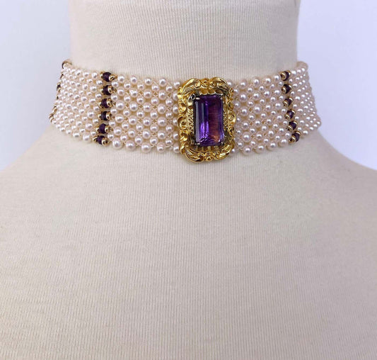 Pearl, Amethyst and Vintage Centerpiece Choker with 14k Yellow Gold