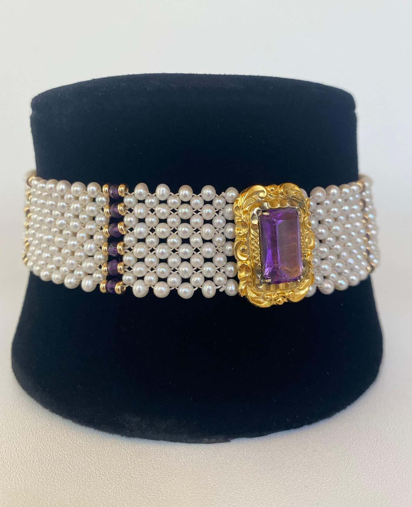 Pearl, Amethyst and Vintage Centerpiece Choker with 14k Yellow Gold