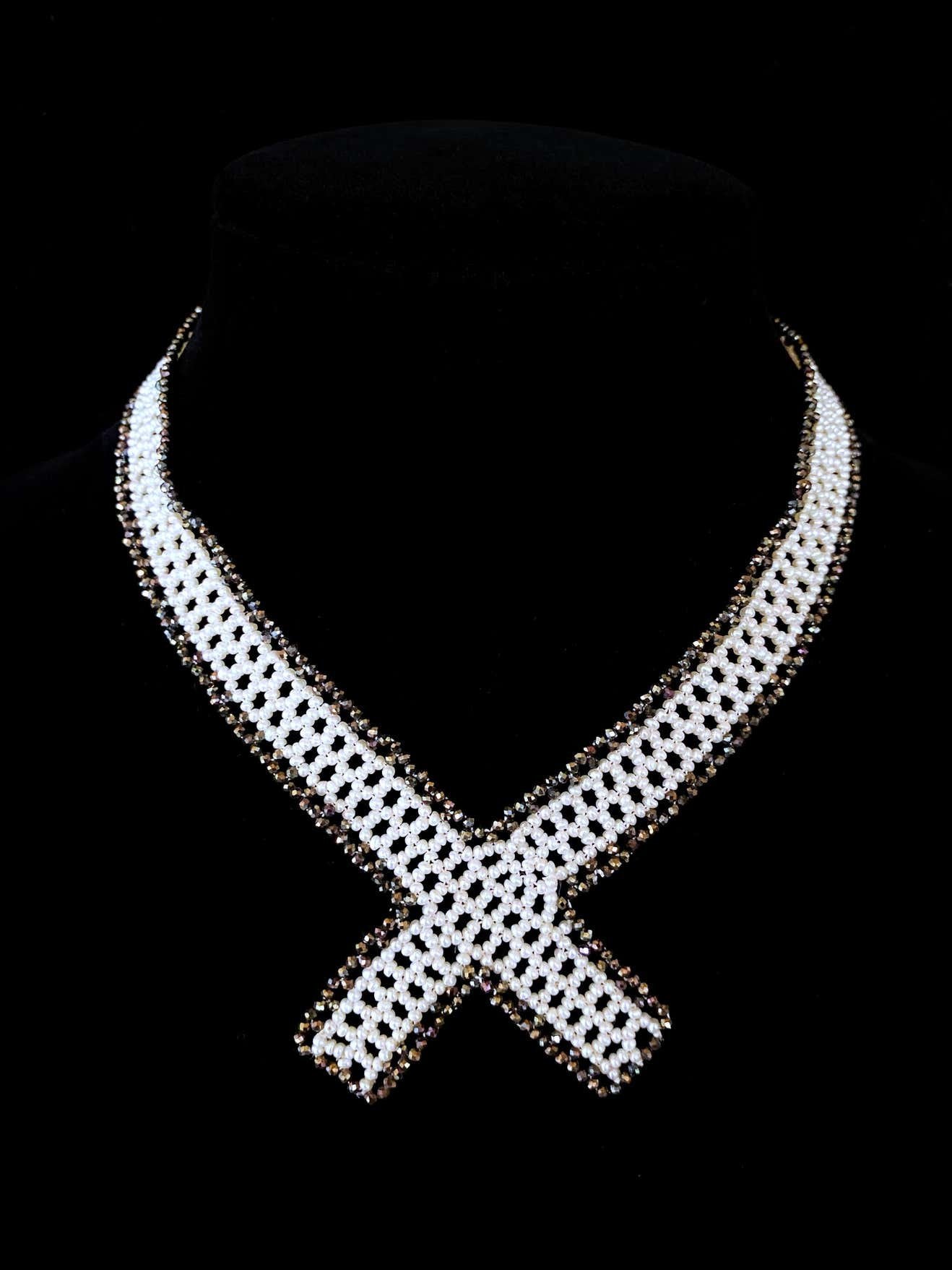 Woven White Pearl & Black Spinel Collar Necklace with Sliding Clasp & Brooch