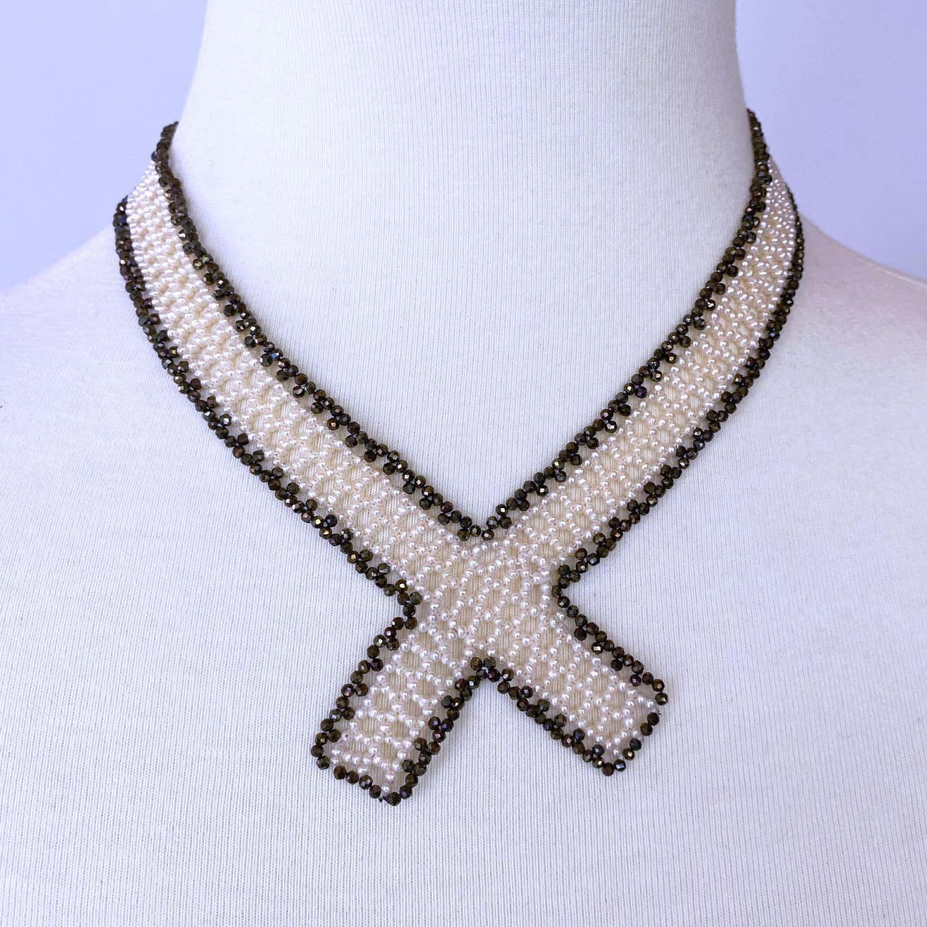Woven White Pearl & Black Spinel Collar Necklace with Sliding Clasp & Brooch